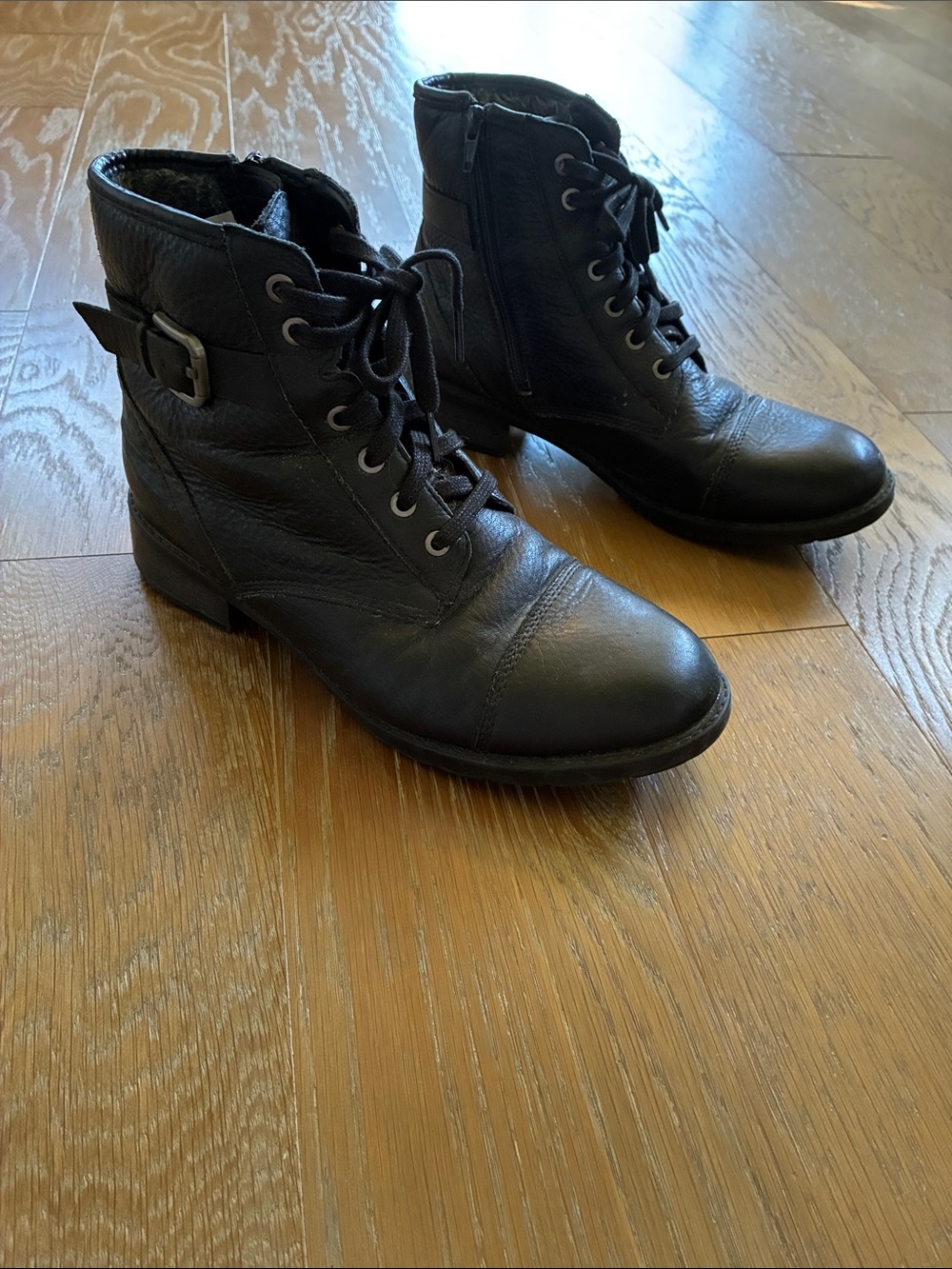 Clarks Black Lace-Up Combat Boots with Side Buckle Accent
